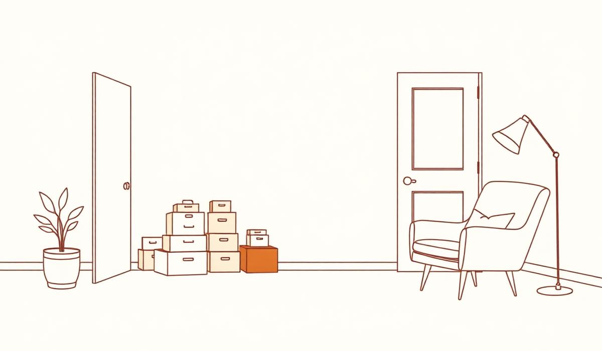 Illustration of a calm living room with tidy boxes of items ready to sell