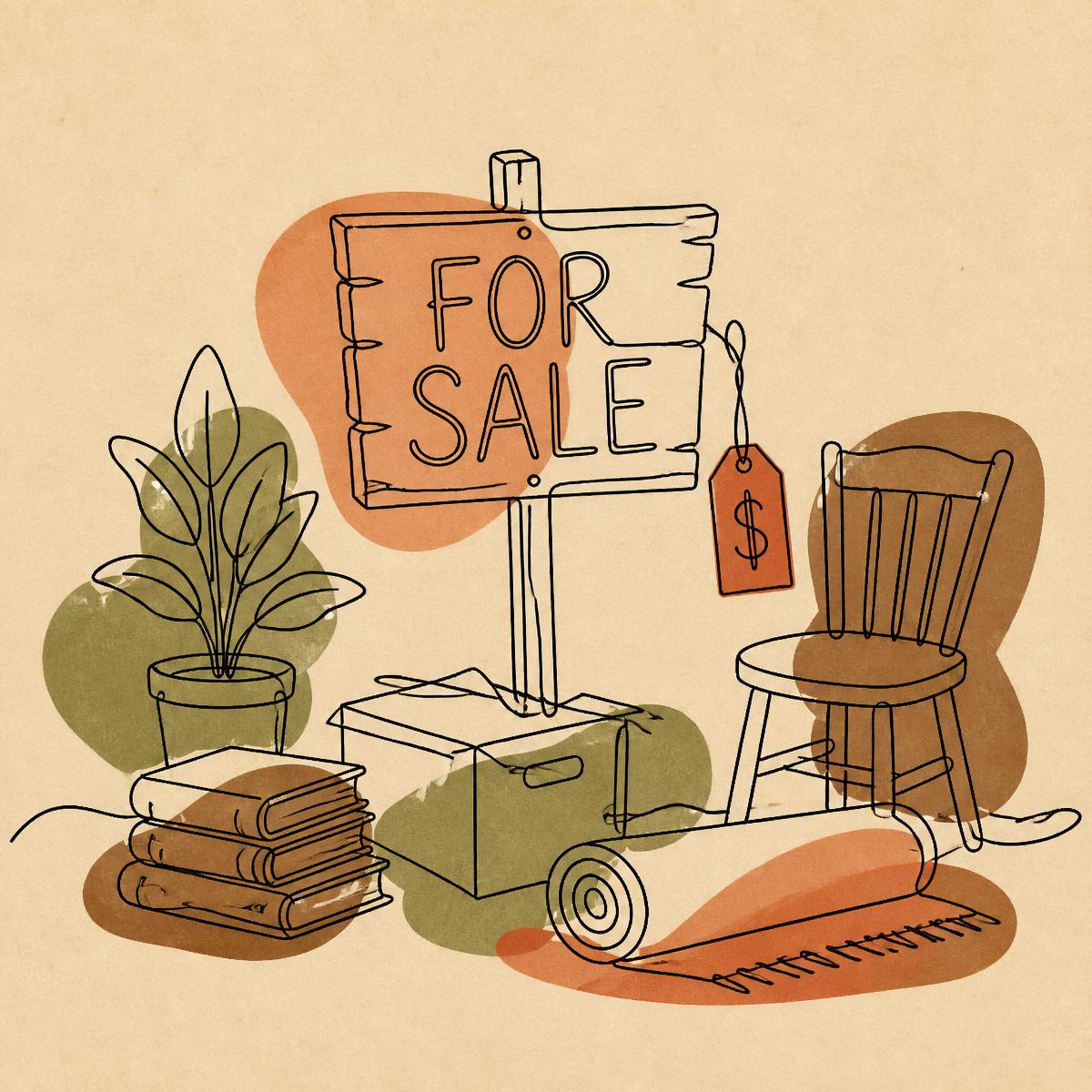 Hand-drawn For Sale sign surrounded by books, a chair, a plant, and a rug