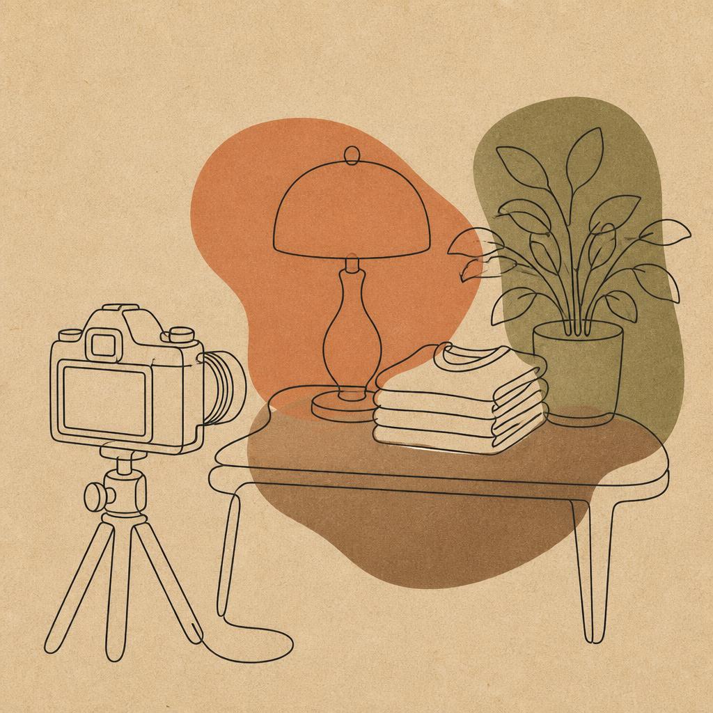 Line illustration of a camera on a tripod photographing a chair and lamp