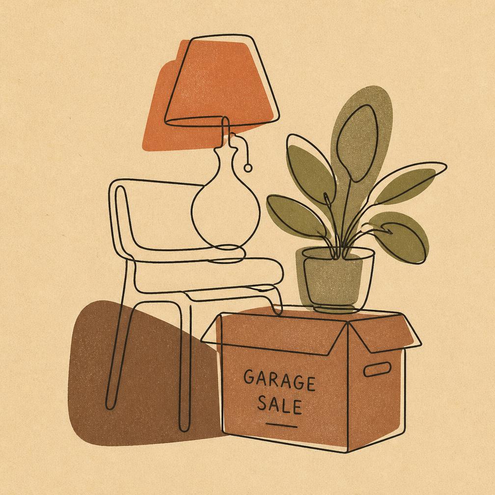 Line illustration of a chair, lamp, plant and a garage sale box